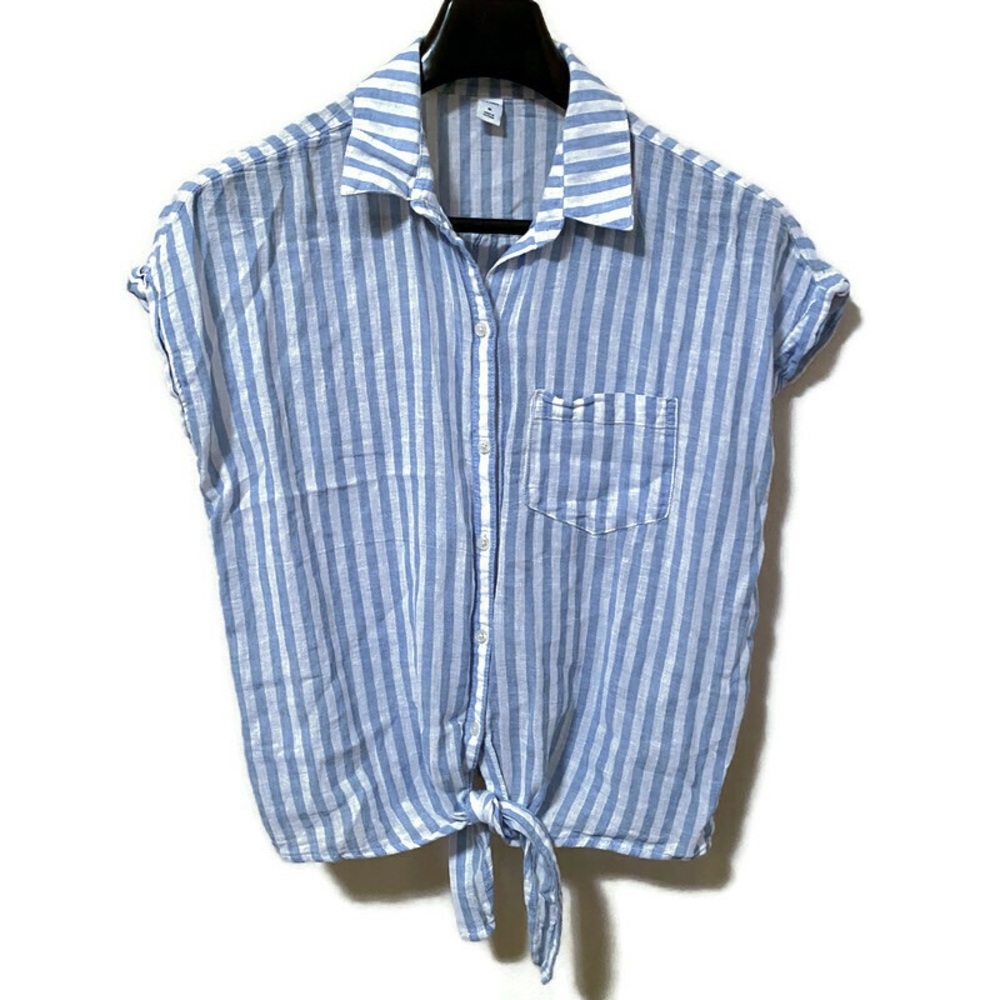 Cotton Linen Blend Tie Front Striped Shirt